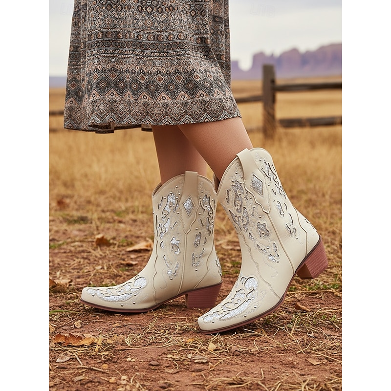 Women's Dark Brown Short Western Cowboy Boots with White Embroidered Patterns, Pointed Toe and Low Heel for Country Dance and Casual Outfits