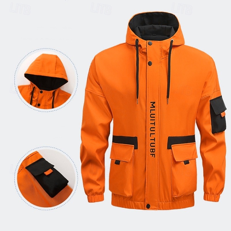 Men's Sport Coat Raincoat Windcheater Jacket Outdoor Casual Waterproof Windbreaker Zipper Pocket Spring Fall Solid Color Fashion Streetwear Hooded Regular Black Orange Light Grey Jacket3