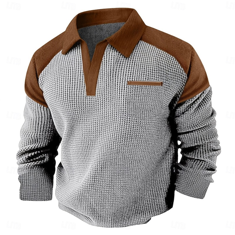 Men's Waffle Tee Long Sleeve V Neck Lapel Fall Spring &  Fall Solid Color Fashion Basic Casual Color Block Street Casual Sports Black Navy Blue khaki Top Tee for Men3