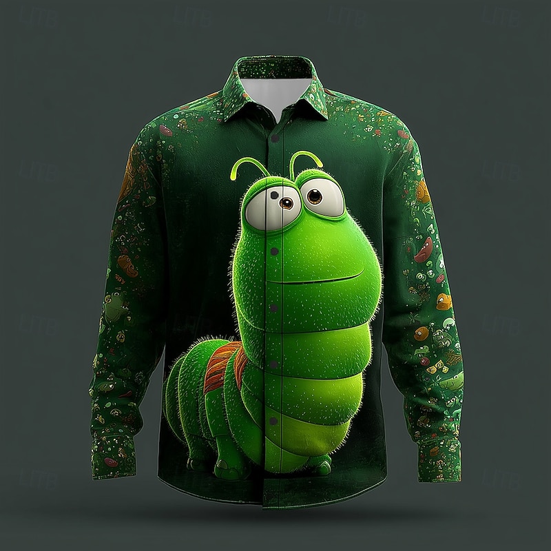 Men's Animal Insects Caterpillar Shirt Button Up Shirt Long Sleeve Funny Outdoor Holiday Spring Fall Turndown 3D Print Collared Shirts Green 1# Green 2# Green 3# Dark Green Green3