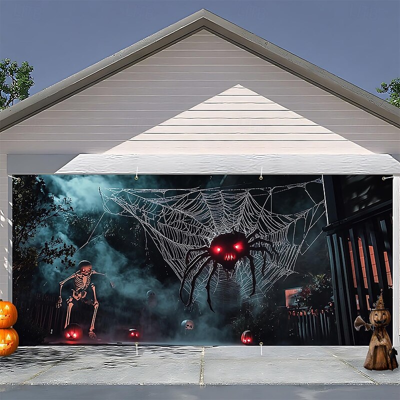 Halloween Garage Door Cover Large Hanging Backdrop Spider 3D Dark Punk Gothic Style Party Outdoor Shooting Backgrounds Yard Haunted House Home Decor2