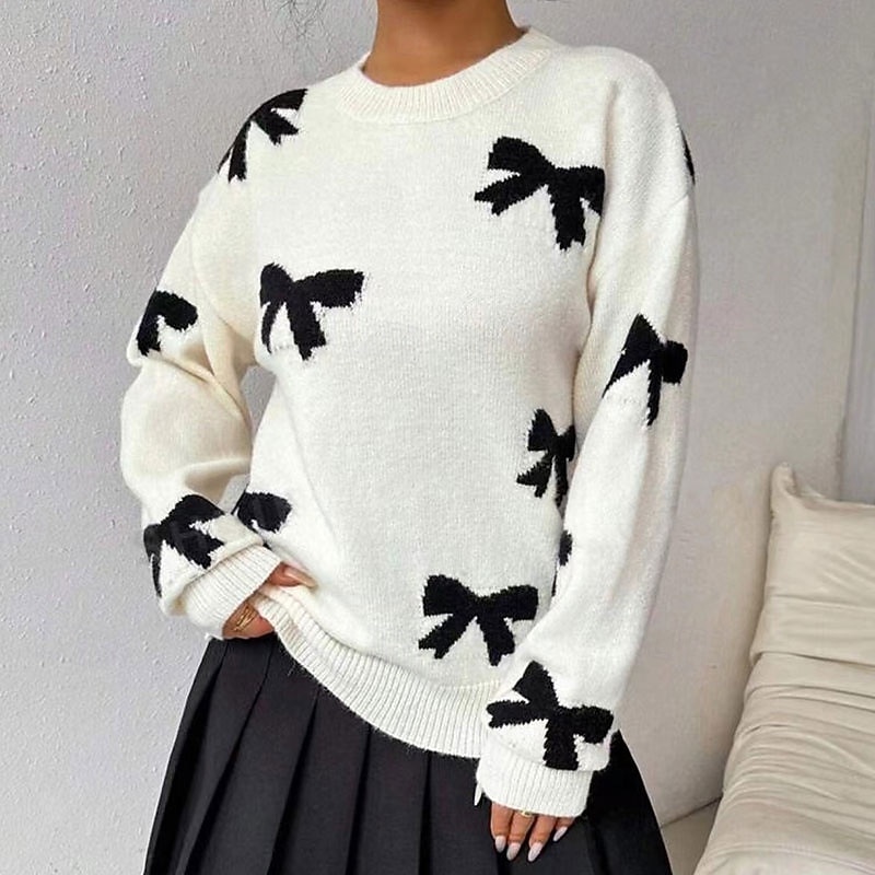 Women's Sweater Pullover Streetwear Casual Floral Crew Neck Knitted Print Long Sleeve Regular Tops Knit Daily Going out Weekend Apricot Fall Winter2