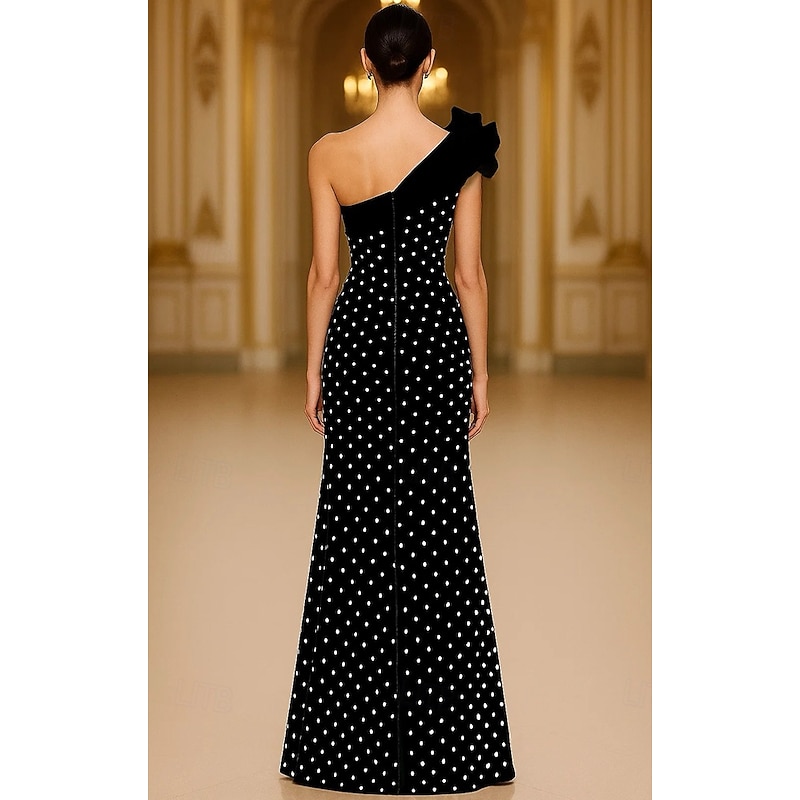 Burgandy Velvet Sheath / Column Evening Gown Elegant Formal Dress Wedding Floor Length Sleeveless One Shoulder Velvet with Pearls and Shoulder Flowers 20254