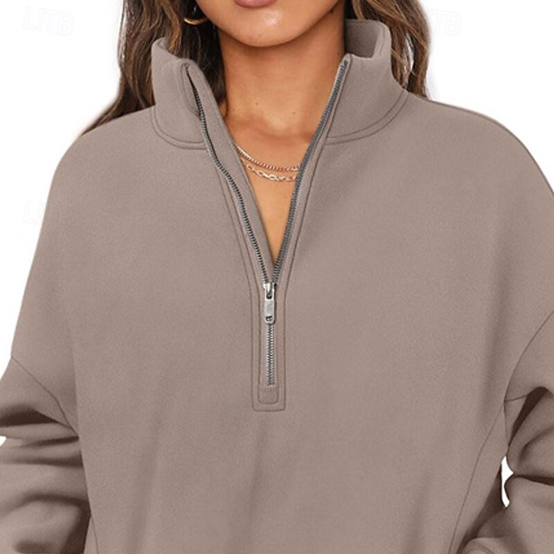 Women's Pullover Sweatshirts Zip Up Sweatshirts Plain Sports Fashion Casual Long Sleeve High Neck Regular Tops Street Dailywear Going out Half Zipper Quarter Zipper Zipper Brown Fall Winter2
