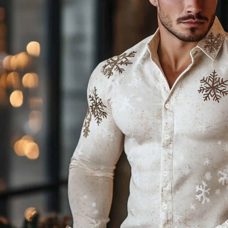 Men's Snowflake Gradient Color Shirt Button Up Shirt Casual Dress Shirt Long Sleeve Vintage Retro Outdoor Casual Holiday Spring Fall Turndown 3D Print Linen Like Shirt Green Beige3