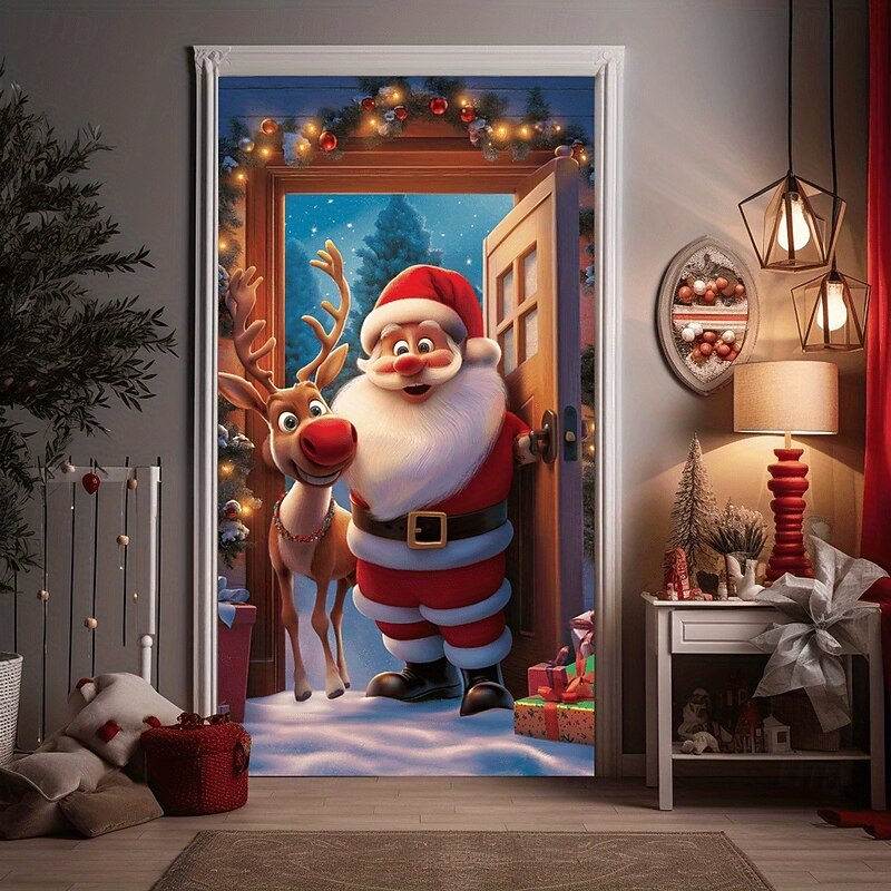 Christmas Door Cover Santa Claus Merry Christmas Holiday Decor Colorful Christmas Ornaments Winter Theme Drapes Festive Home Decoration Curtain Large Seasonal Door Cover2