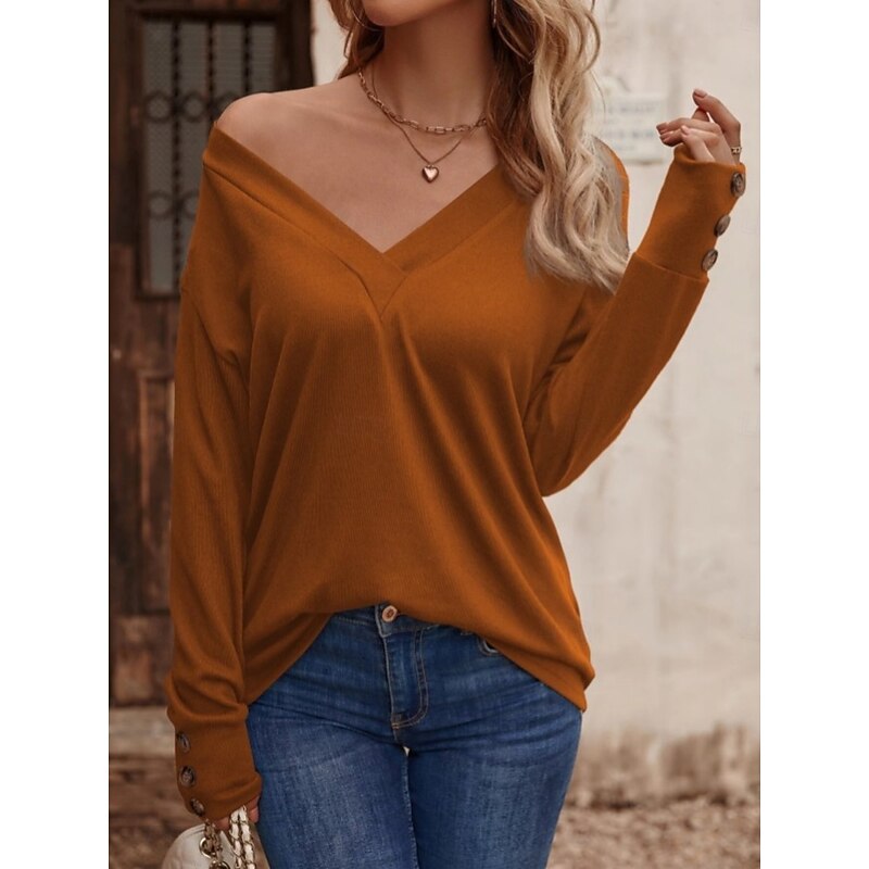 Women's Sweater Casual Soft Pure Color Ribbed V Neck Buttons Long Sleeve Regular Tops Knit Outdoor Daily Weekend Black Pink Fall Winter3