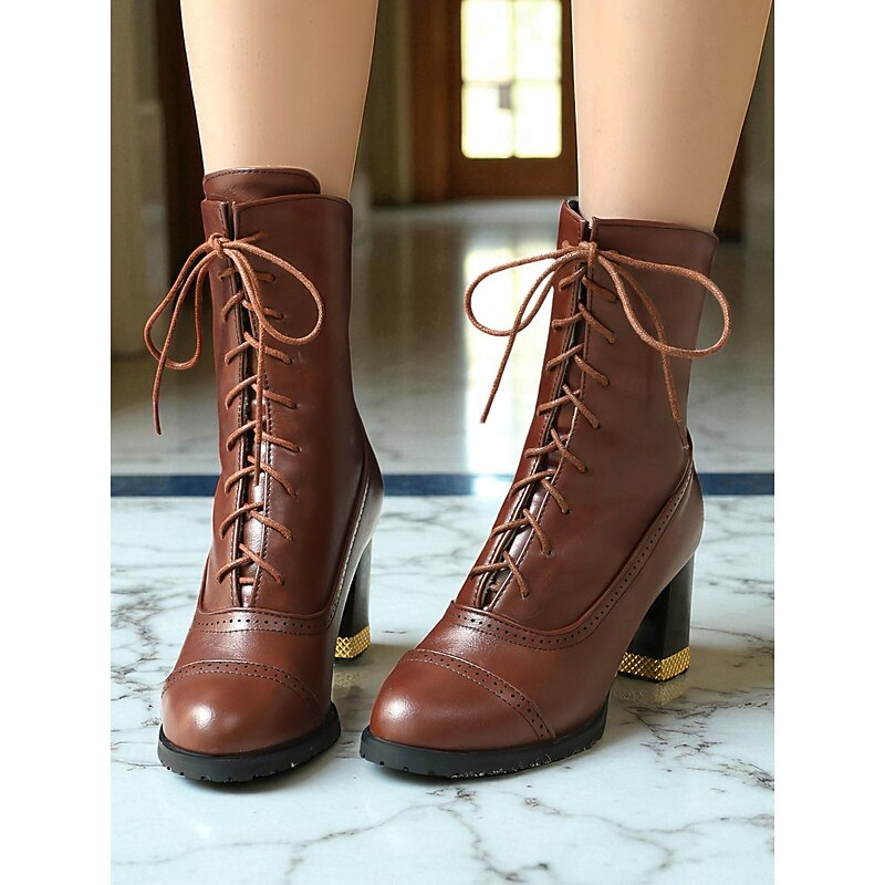 Women's Brown Faux Leather Victorian Lace-Up Ankle Boots – 1950s Vintage Mid-Calf Heels with Brogue Detailing for Fall Outfits and Formal Wear3