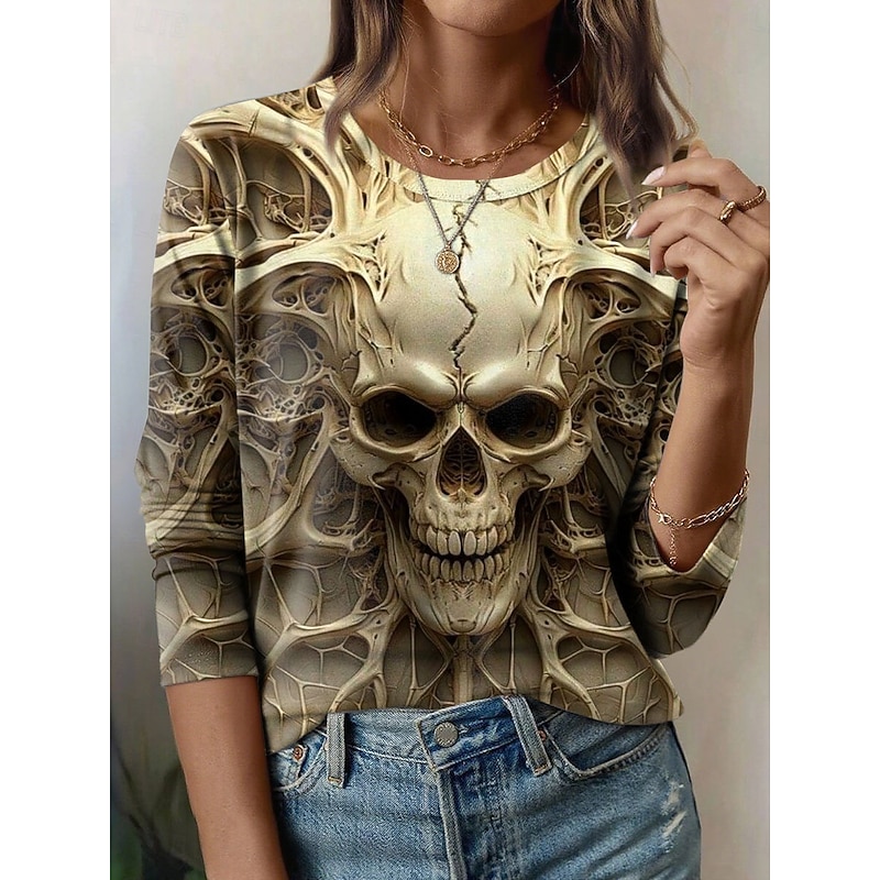 Halloween Women's T Shirt Skulls Graphic Vintage Fashion Stylish Long Sleeve Crew Neck Round Neck Regular Tops Daily Weekend Print Yellow Blue Purple Green Gray Summer Spring Fall