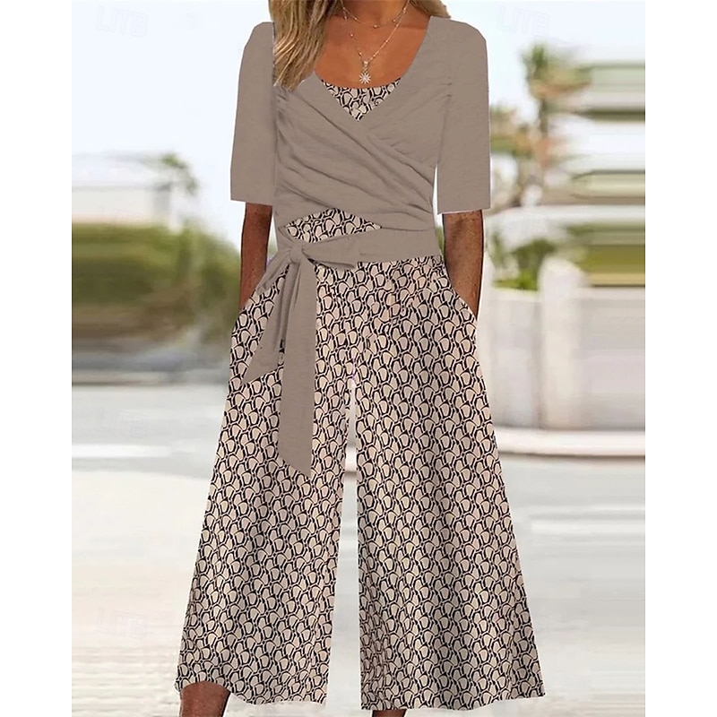 Women's Normal Jumpsuit Streetwear Geometric Half Sleeve Wide Leg U Neck Pocket Street Daily Regular Fit Khaki Spring