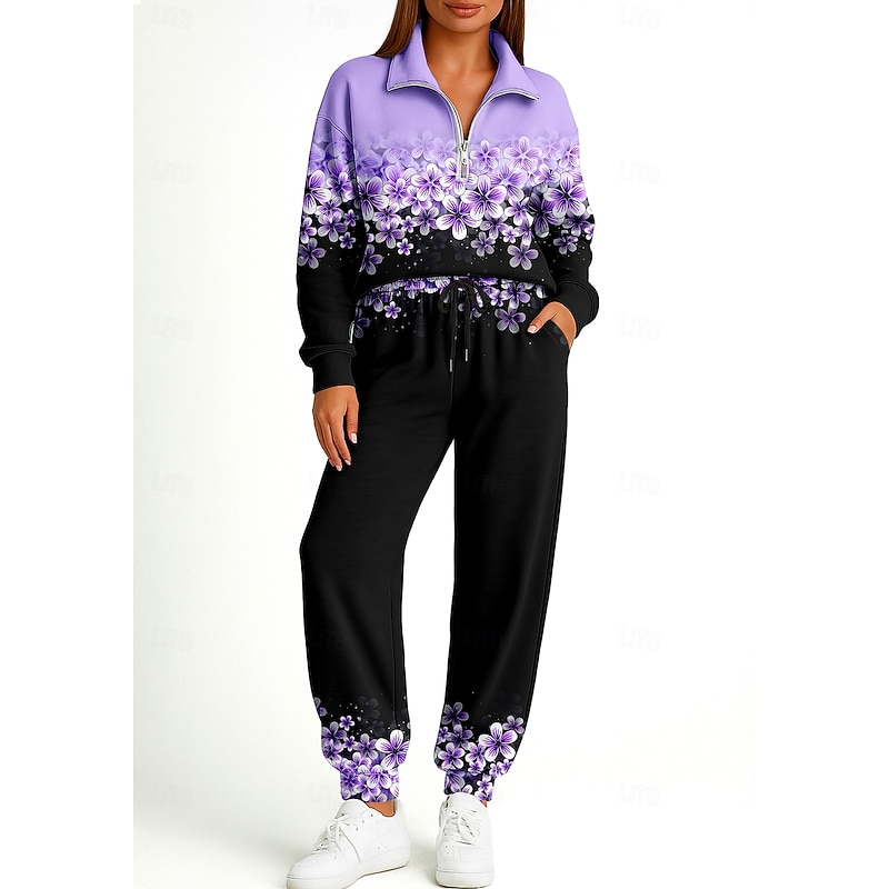 Women's Sweatshirt Tracksuit 2 Piece Tracksuit Drawstring Zip Up Floral Clothing Suit Fall Purple Vocation Outdoor Travel Lightweight Fashion Long Sleeve Sport Activewear Stretchy Regular Fit3