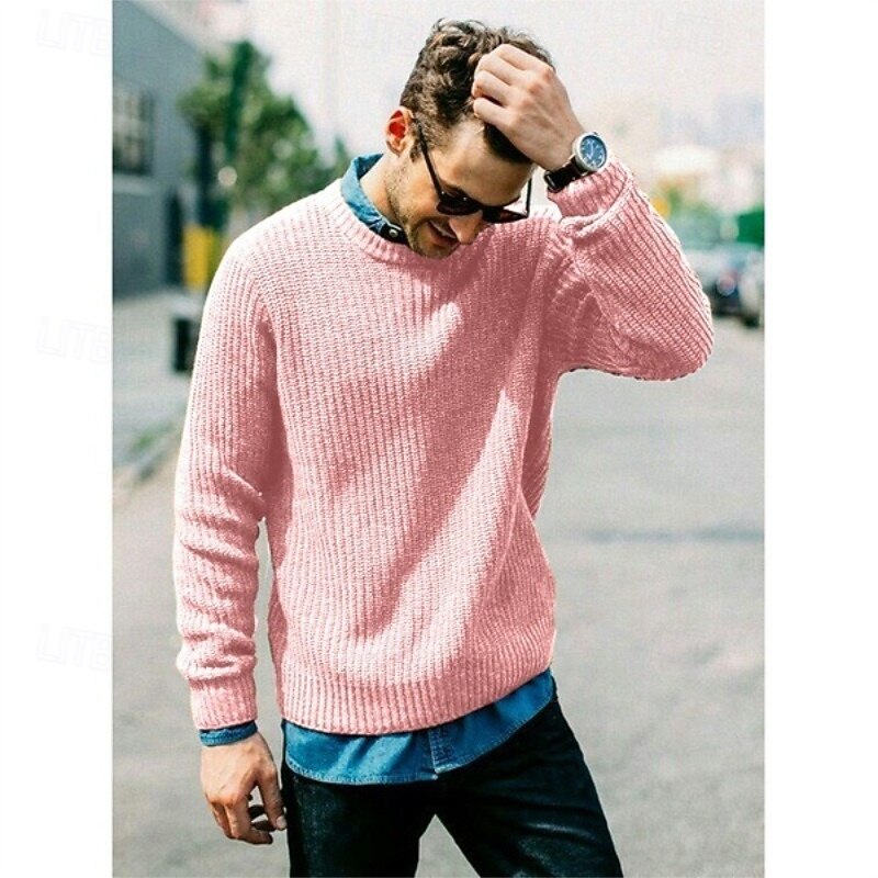 Men's Sweater Pullover Sweater Jumper Ribbed Knit Regular Tops Knitted Slim Fit Plain Crew Neck Knitwear Contemporary Casual Daily Wear Clothing Apparel Fall Natural yellow Black S M L2