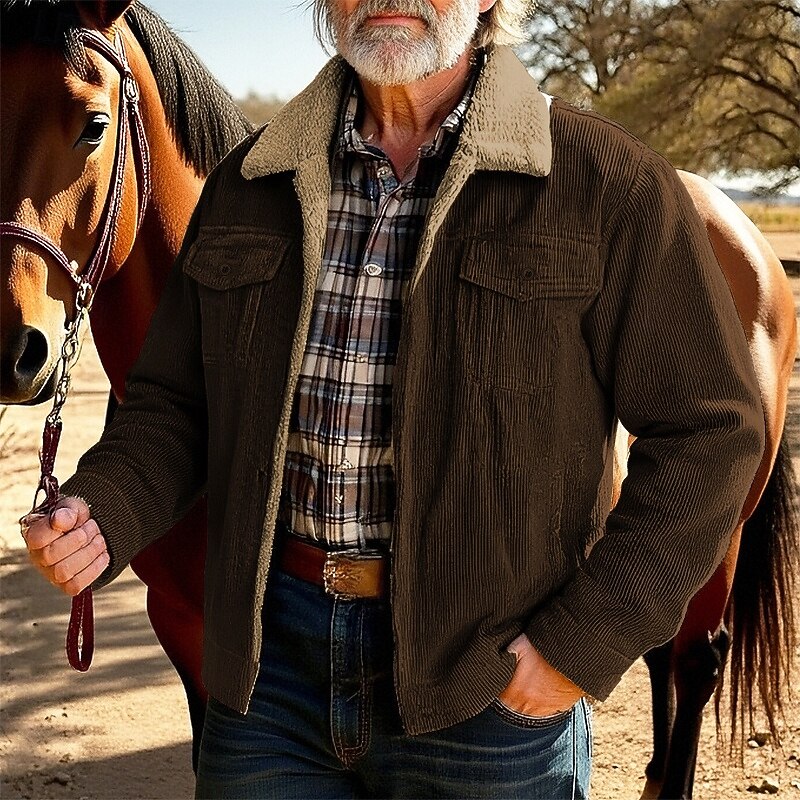 Men's Winter Jacket Corduroy Jacket Fleece Jacket Casual Jacket Vacation Daily Thermal Warm Pocket Fleece Fall Winter Plain Fashion Streetwear Lapel Regular Black Khaki Coffee Gray Jacket4