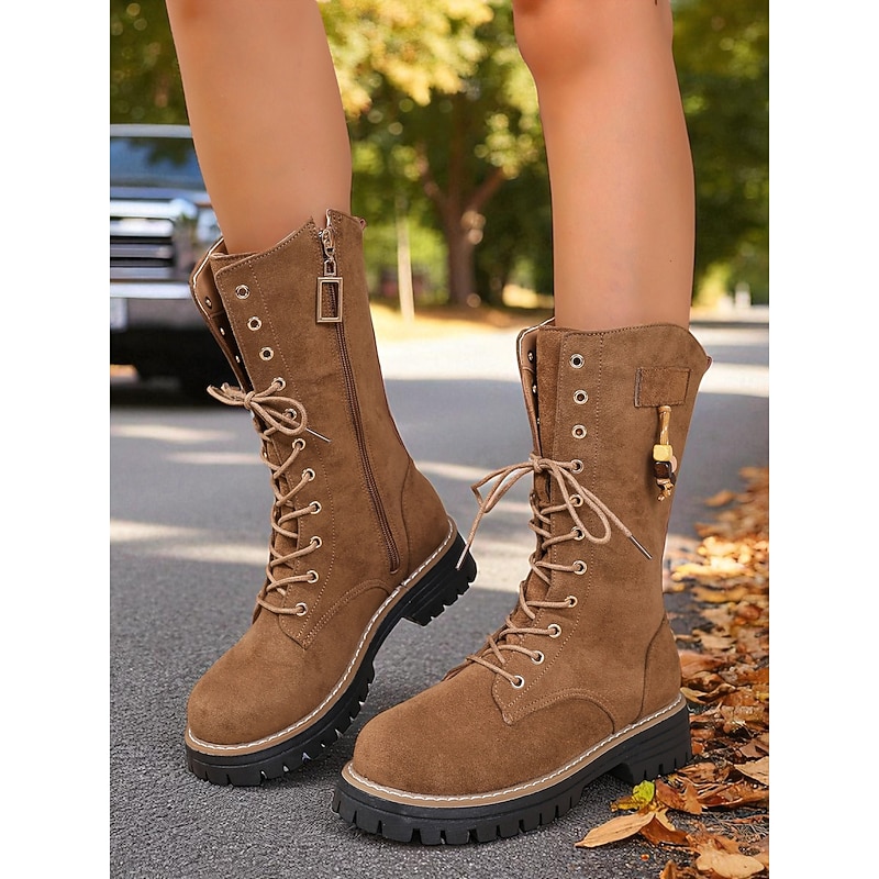 Women's Mid-Calf Lace-Up Combat Boots with Chunky Sole, Casual Military Style Boots for Outdoor and Streetwear2