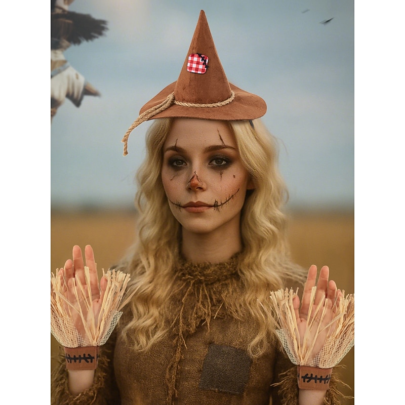 Women's Scarecrow Halloween Hat and Gloves Set -Straw Hand Costume Accessory for Halloween Party and Costume Dress-Up