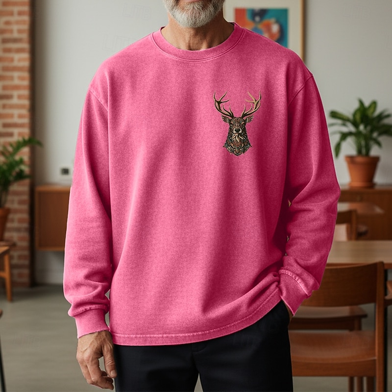 Men's Sweatshirt Distressed Hoodie Apricot Black Pink Army Green Brown Crew Neck Reindeer Print Daily Holiday Going out 100% Cotton Vintage Retro Casual Fall Winter Clothing Apparel Hoodies4