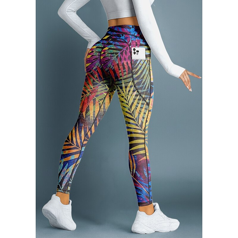 Women's pilates leggings fitness pants Gym Leggings Pockets Stamp Duty Side Pockets Pilates Gym Gym Workout Pants Tights Leggings Floral Print Rainbow Sports Activewear Stretchy Tight Fit2