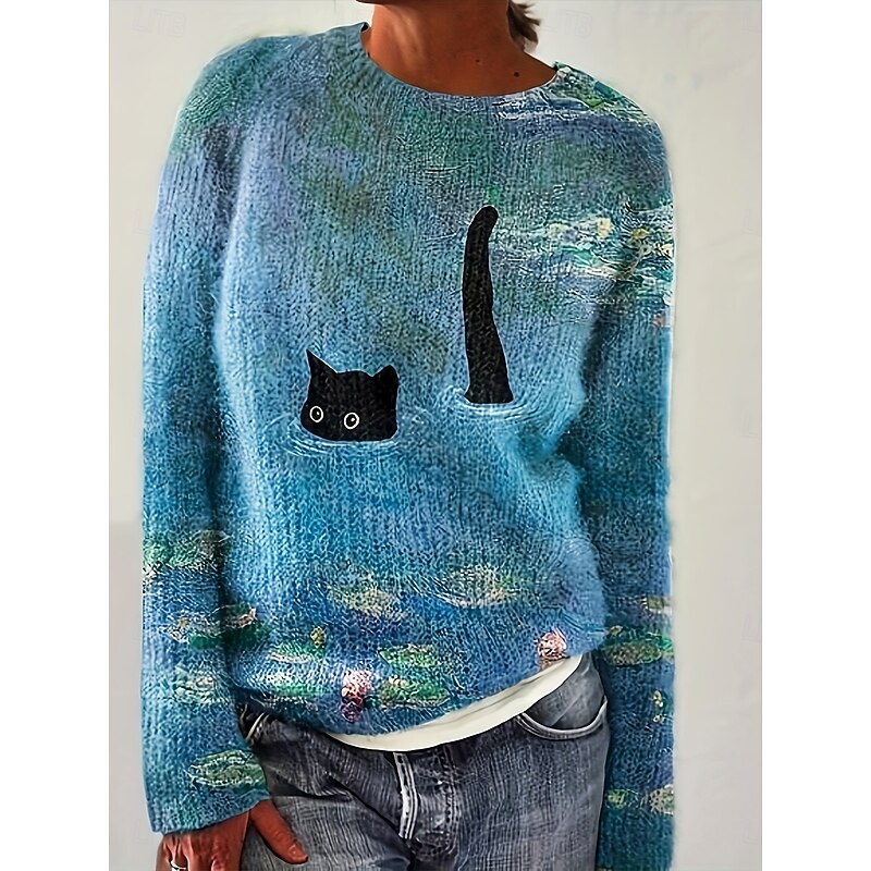 Women's Sweater Pullover Daily Casual Graphic Animal Color Gradient Ribbed Crew Neck Knitted Print Long Sleeve Regular Tops Knit Outdoor Weekend Blue Fall Winter
