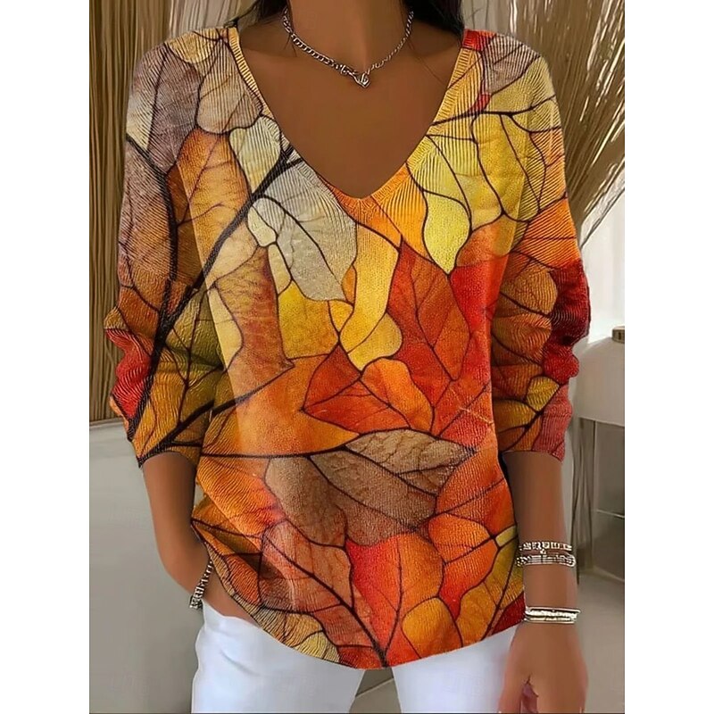 Women's Sweater Pullover Fashion Streetwear Casual Floral Graphic V Neck Oversized Knitted Long Sleeve Regular Tops Knit Outdoor Daily Orange Spring Fall