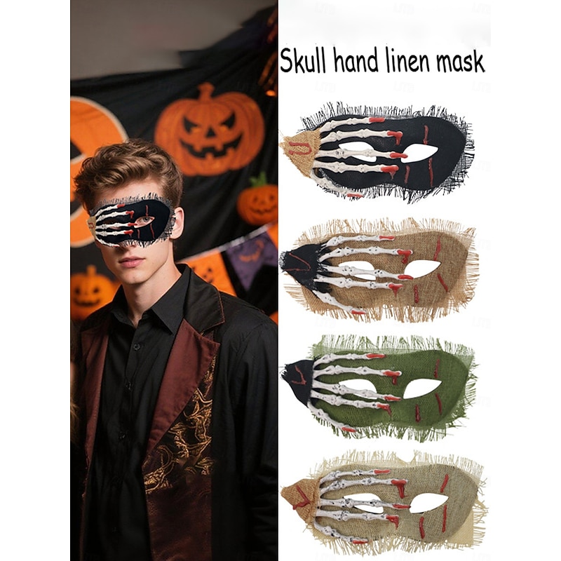 Women's Skull Hand Linen Mask with Horror Skeleton Print, Creepy Gothic Style Costume Accessory for Halloween Parties and Masquerade Balls