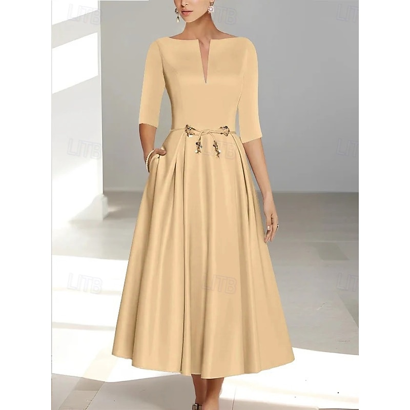 A-Line Cocktail Dresses Elegant Dress Formal Wedding Guest Ankle Length Short Sleeve Illusion Neck Pocket Satin with Bow(s)