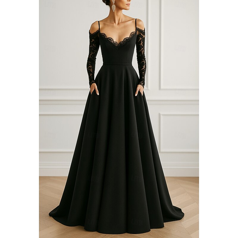 Black A-Line Evening Gown Elegant Formal Dress Formal Wedding Floor Length Long Sleeve Off Shoulder Capes Lace with Pocket 2025