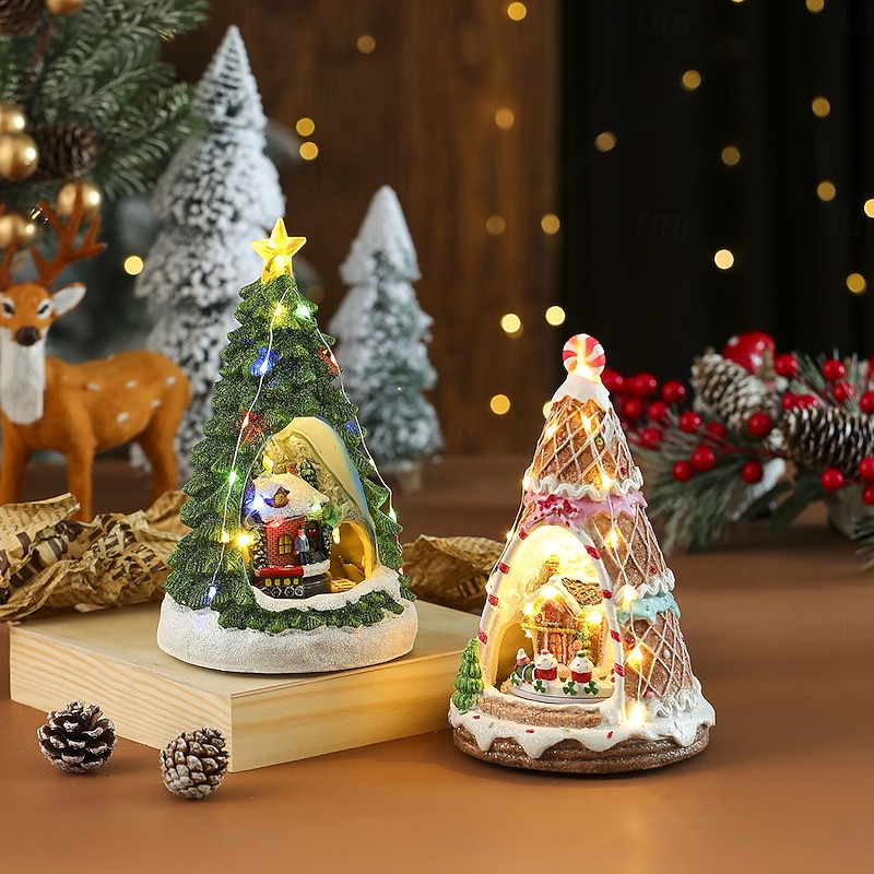 Resin Music Cottage Rotating Train LED Music Box Night Light Festive Tabletop Display for Home & Office, Christmas Decorations Battery Operated with 3 AAA Batteries (Not Included)