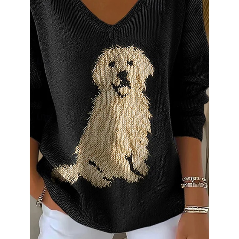 Women's Sweater Pullover Golden Retriever Fashion Streetwear Casual Graphic Animal V Neck Oversized Knitted Long Sleeve Regular Tops Knit Outdoor Daily Black Spring Fall3