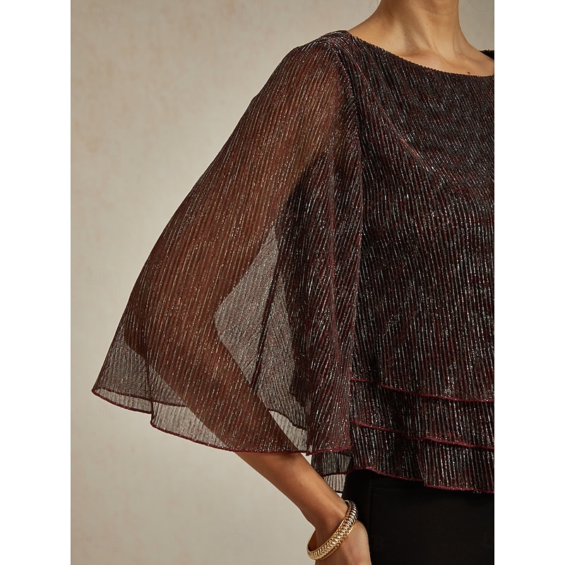Women's Blouse Dressy Tops Flowy Tops Chiffon Tops Elegant Vintage Stylish 3/4 Length Sleeve Crew Neck Boat Neck Work Daily Date Night Outfits Sequins Pleated Patchwork Wine Spring Fall2