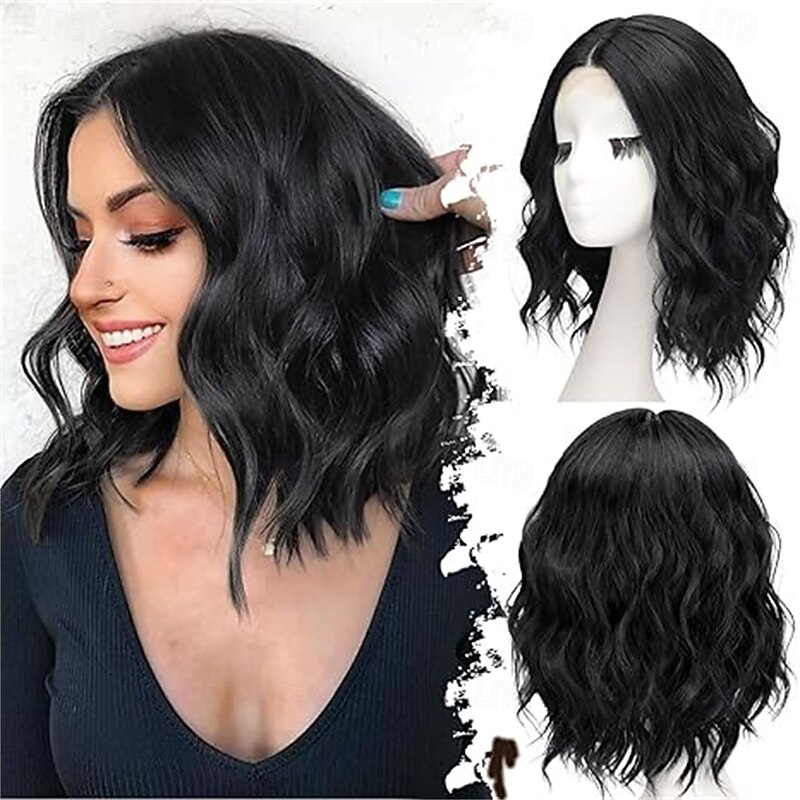 Black Mix Purple Short Wavy Wig for Women Lace Hairline Bob Style Synthetic Heat Resistant - Natural Appearance for Everyday Hairstyle 14 Inch4