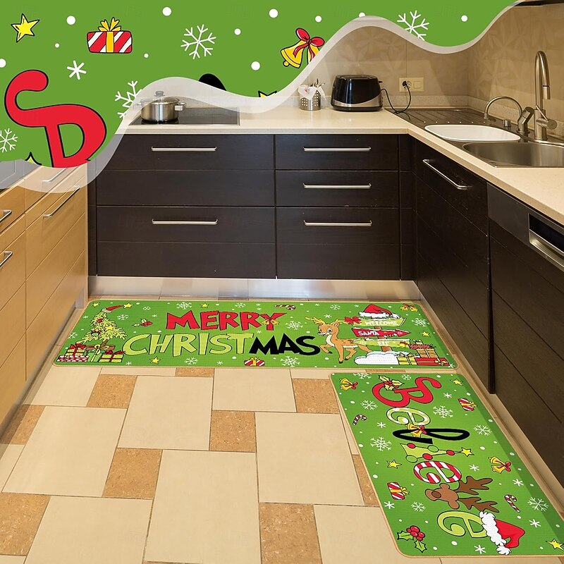 Christmas Cartoon Kitchen Floor Mat 2-Piece Set, Santa Claus Holiday Decoration, Festive Kitchen Rug4