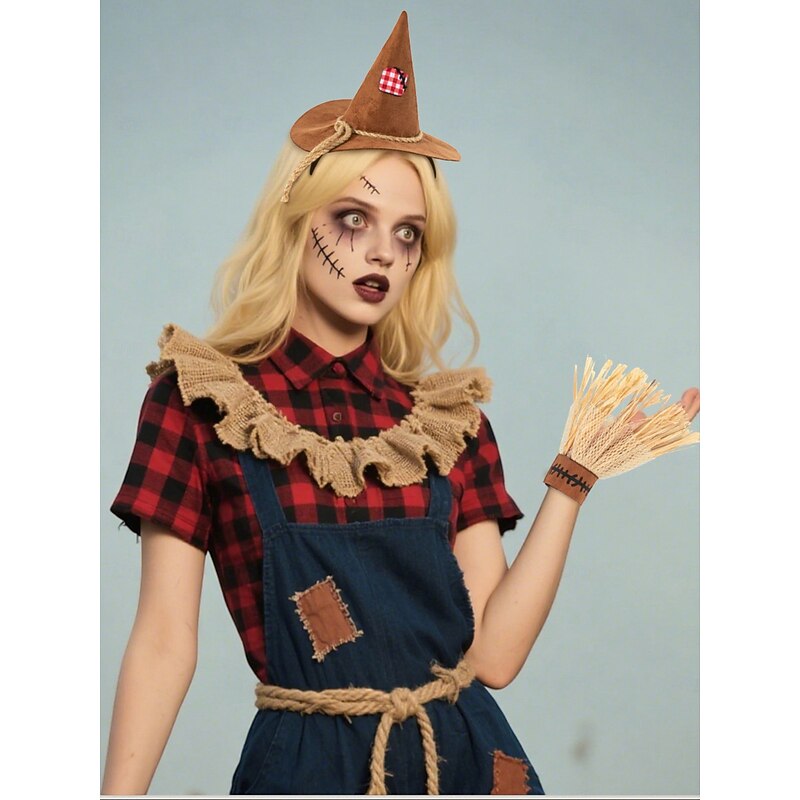 Women's Scarecrow Halloween Hat and Gloves Set -Straw Hand Costume Accessory for Halloween Party and Costume Dress-Up4