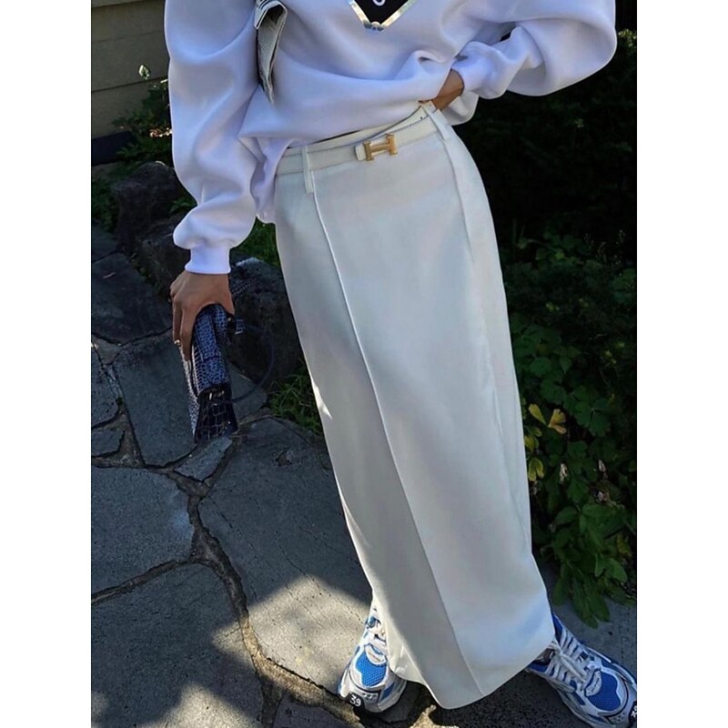Women's Skirt A Line Elegant Fashion Casual Maxi High Waist Skirts Plain Pocket Inelastic Street Daily White Spring Polyester3