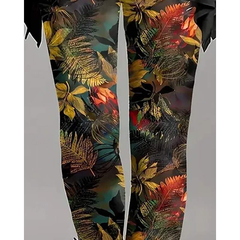 Women's Chinos Leggings Cozy Leggings Vacation Casual Full Length High Waist Floral Printing Thermal Warm Comfortable Stretchy Vacation Casual Daily Black Yellow Orange Brown Fall Winter Slim Fit2