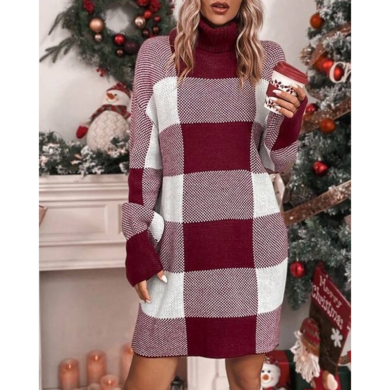 Women's Sweater Pullover Fashion Casual Checkered Ribbed Turtleneck Knitted Long Sleeve Long Tops Knit Christmas Outdoor Daily Red Fall Winter4