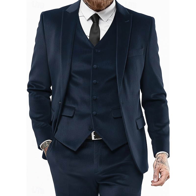 Men's Wedding Party Business Velvet Suits Peaked Lapel Burgundy Dark Green Formal Solid Colored Slim Fit 3 Piece Single Breasted One-button