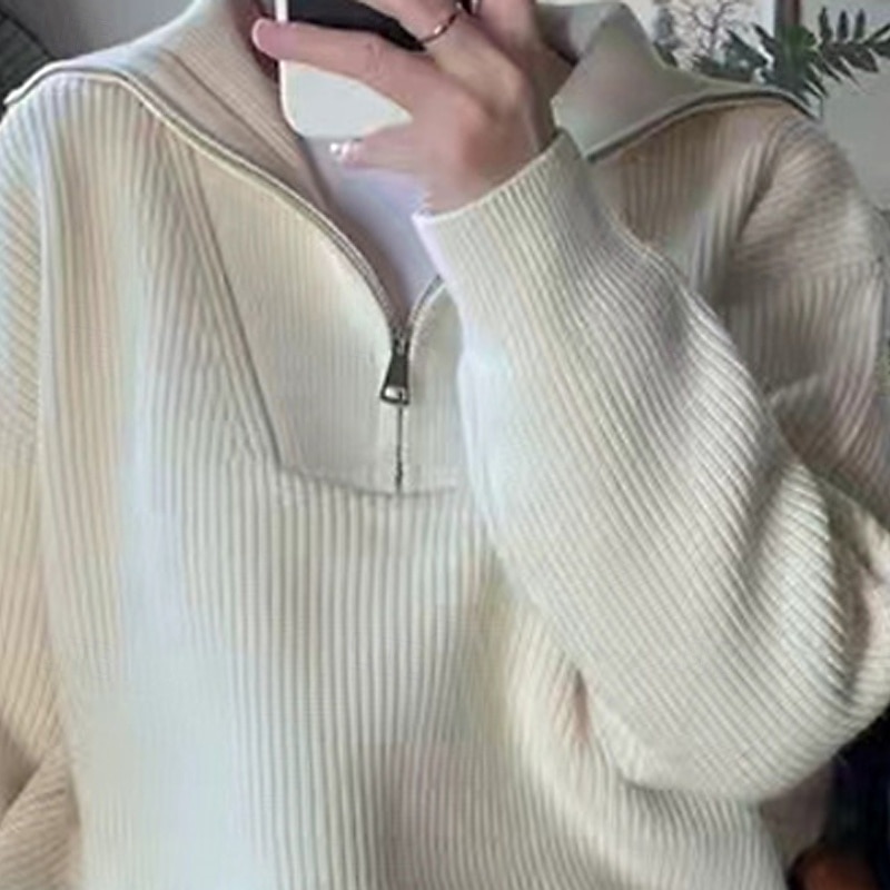 Women's Sweater Fashion Streetwear Casual Solid Color Ribbed Half Zip Knitted Long Sleeve Regular Tops Knit Outdoor Daily Weekend Beige Fall Winter2