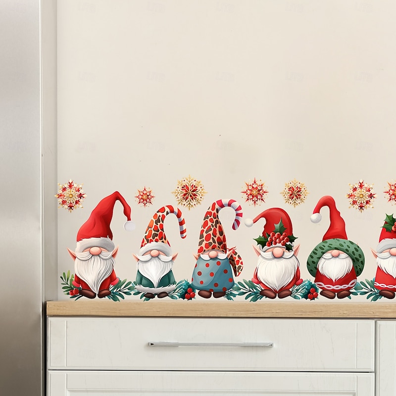 Christmas Sticker Wall Decals Cartoon Santa Claus Gnome Snowflake Removable Vinyl Mural Holiday Party Living Room Kitchen Door Window Home Decoration Background For Christmas Festival4