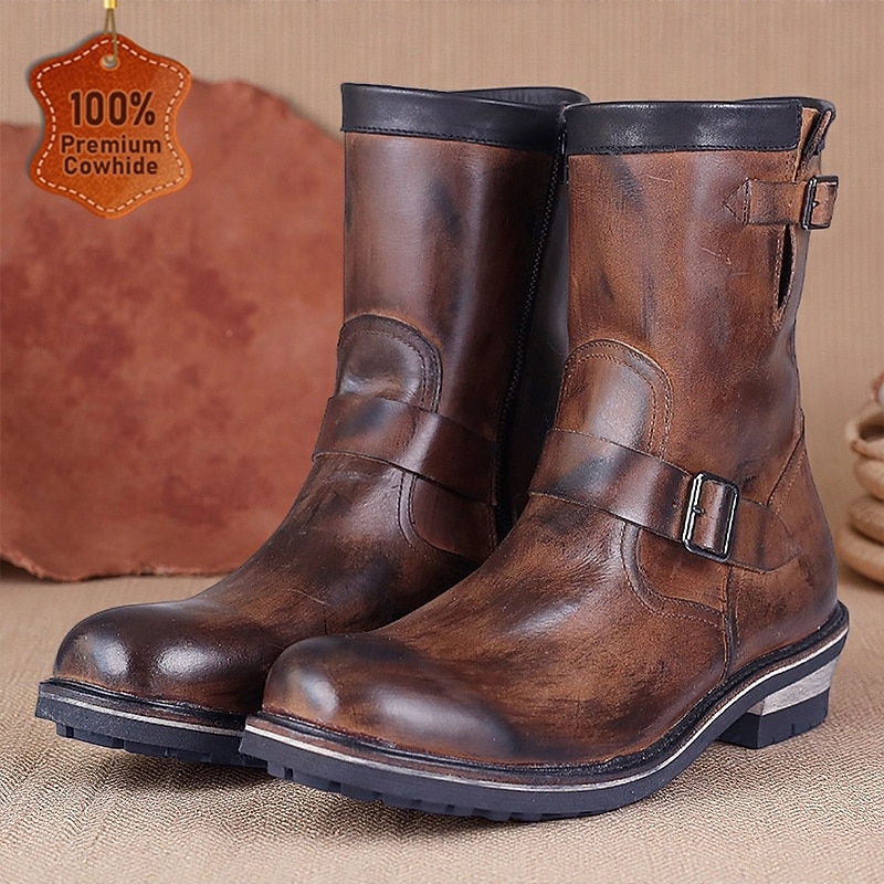 Men's Brown Mid-Calf Leather Boots – Genuine Cowhide Retro Motorcycle Riding Footwear with Buckle Strap for Biker Style and Outdoor Casual Use