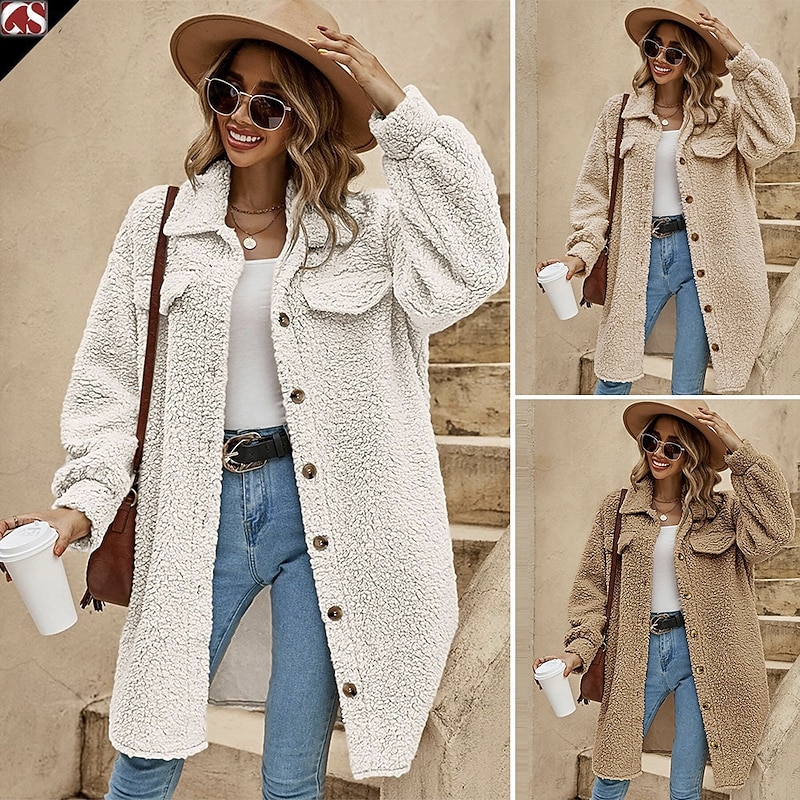 Women's Sherpa Jacket Comfortable Breathable Pocket Buttons Casual Plain Vacation Street Casual Daily Wear Single Breasted Long Turndown Loose Fit Long Sleeve Outerwear Black White Red Spring Fall