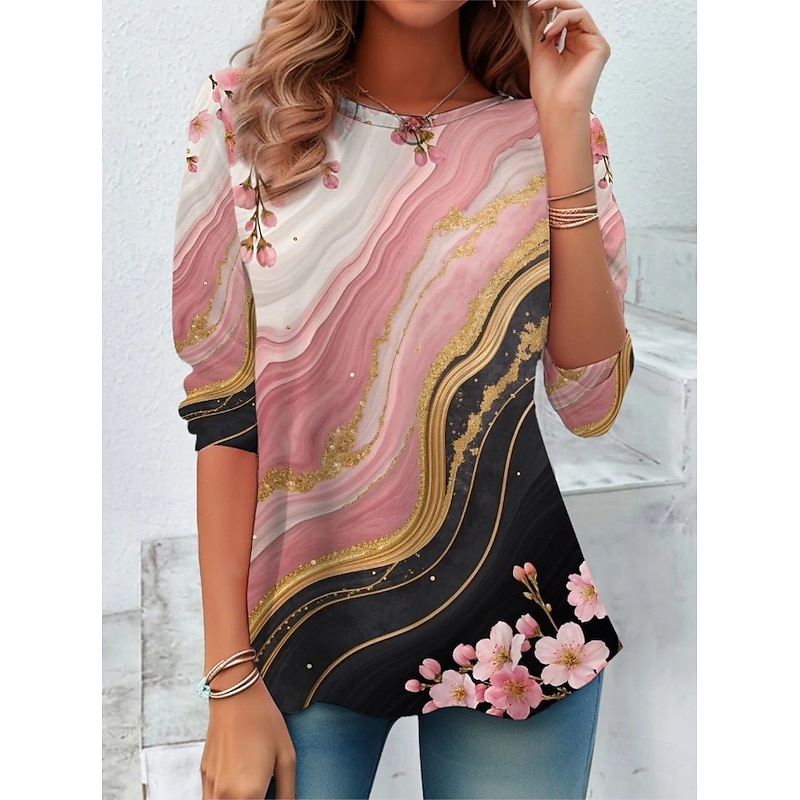 Women's T Shirt Graphic Geometric Striped Vintage Stylish Classic Long Sleeve Crew Neck Round Neck Regular Tops Daily Print Pink Blue Khaki Rose Pink Spring Fall Winter2