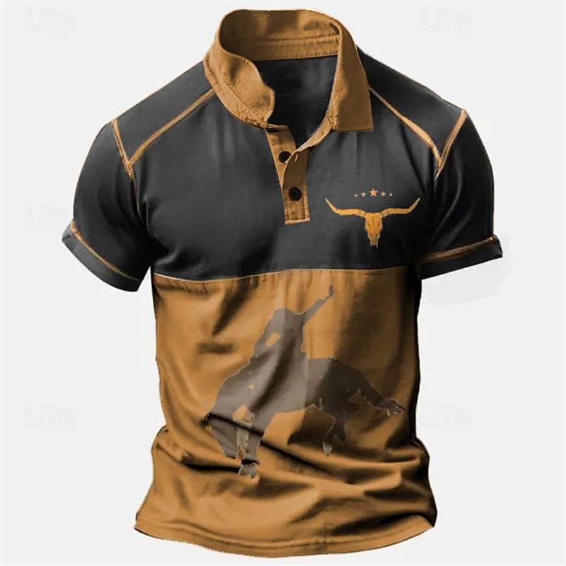 Men's Western Wear Polo Shirts Golf Shirt Short Sleeve Polo Shirts Collared Shirts Vintage Casual Vacation Wear Party Outfits Buttons 3D Print Blue Brown Green2