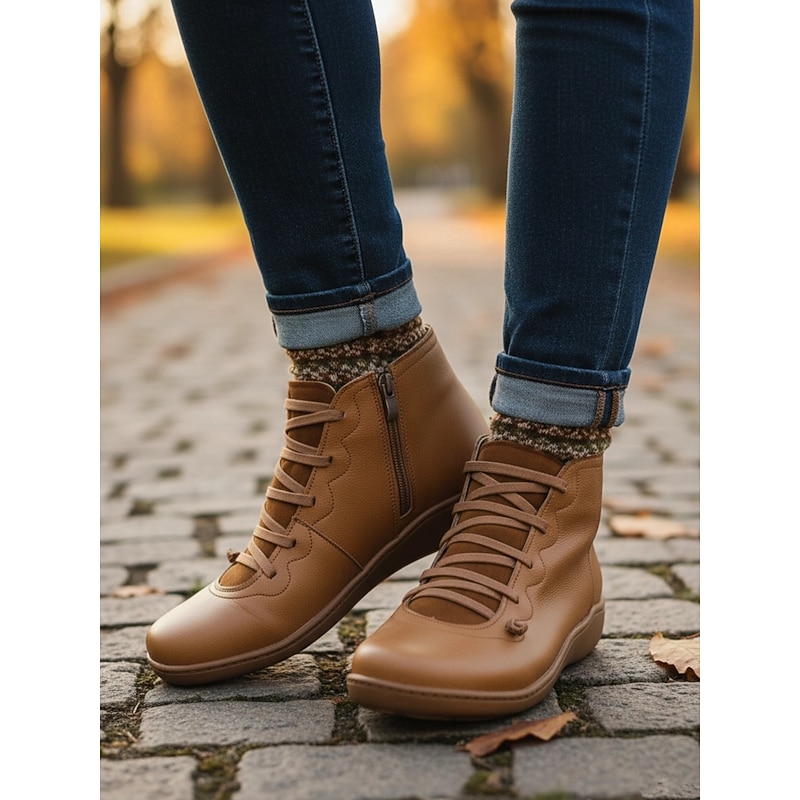 Women's Brown Leather Casual Ankle Boots with Zipper and Lace-Up Design - Comfortable and Lightweight for Everyday Wear