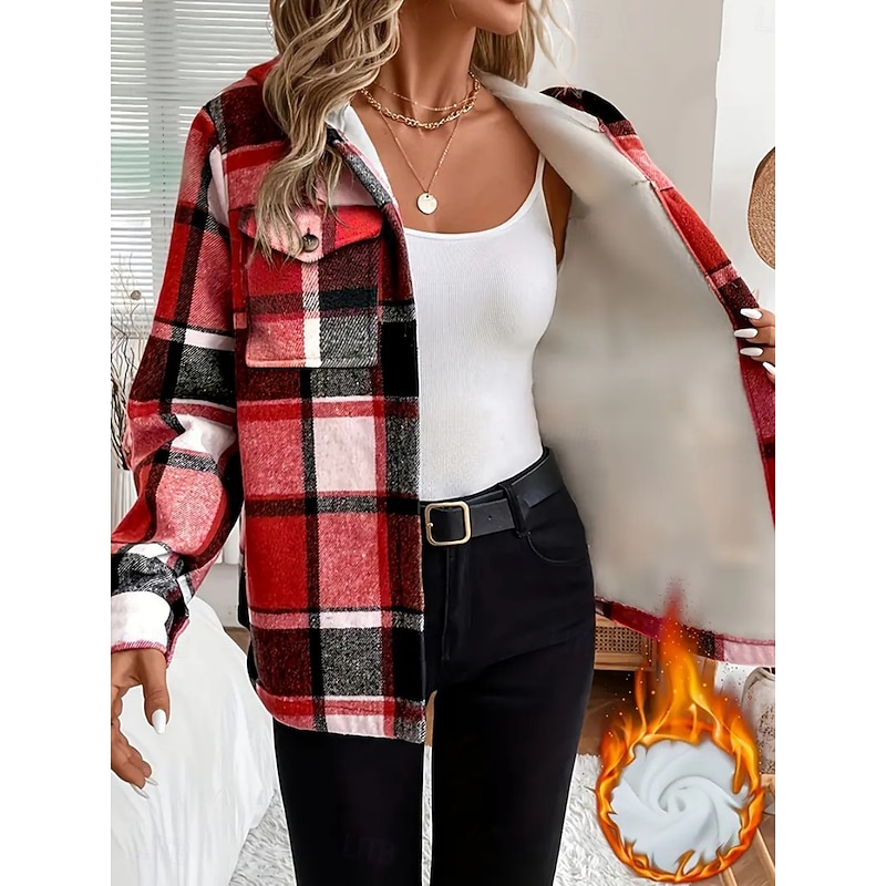 Women's Sherpa Jacket Comfortable Breathable Pocket Print Casual Plaid Vacation Street Daily Wear Going out Single Breasted Regular Hoodie Regular Fit Long Sleeve Outerwear Red Green Khaki Spring Fall4