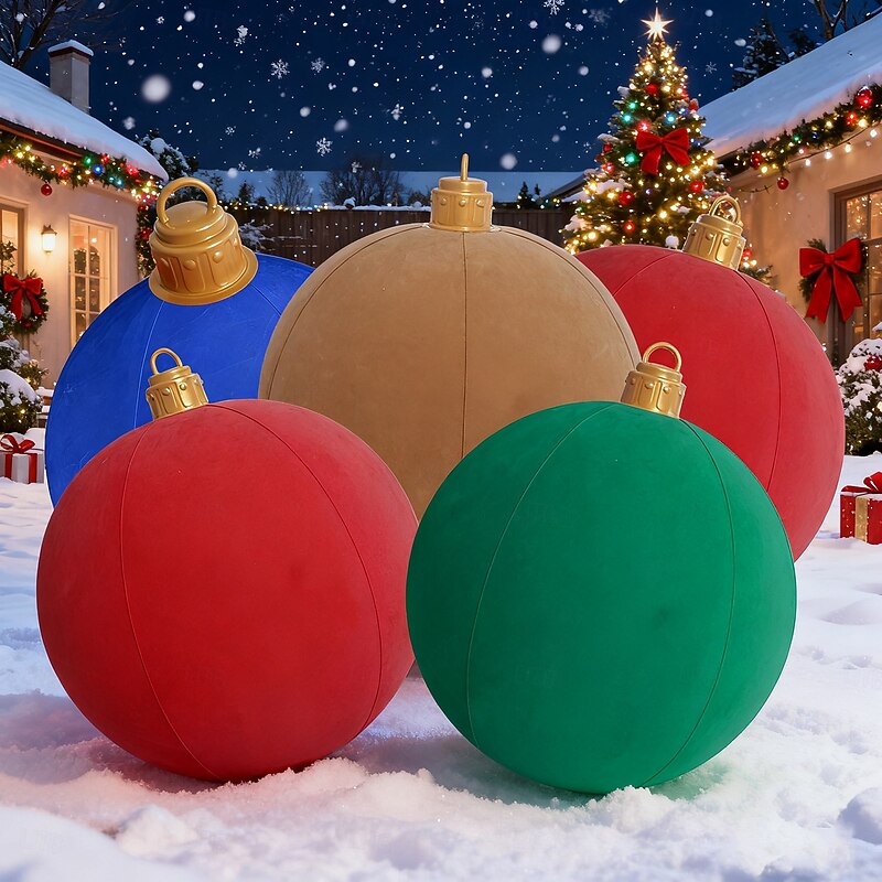Christmas Outdoor Inflatable Velvet Ball 60cm/24 Inch Large Inflatable Xmas Ornaments, Reusable Blow Up Christmas Decorations for Yard Tree Indoor
