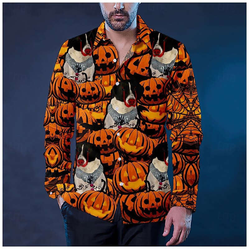 Halloween Men's Dog Lantern Face Shirt Beach Shirt Long Sleeve Vintage Horror Vacation Street Holiday Spring &  Fall Lapel Print Orange red Orange / Gray Orange yellow Black / Orange Orange3