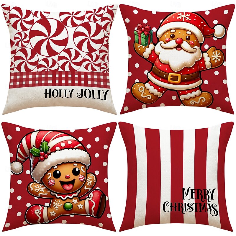 Autumn & Winter Pillow Covers Set, 4-Piece Minimalist Decorative Sofa Cushions, Cartoon Print Throw Pillows for Bedhead & Living Room