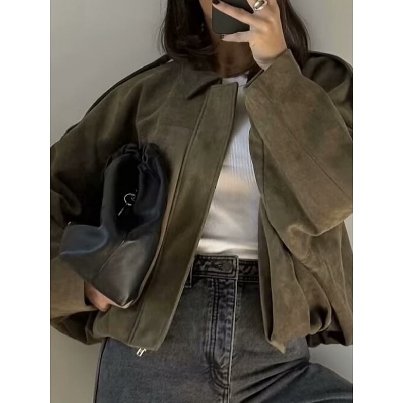 Women's Casual Jacket Comfortable Breathable Zipper Casual Plain Vacation Street Casual Daily Wear Zipper Short Turndown Regular Fit Long Sleeve Outerwear Wine Brown Army Green Spring Fall3