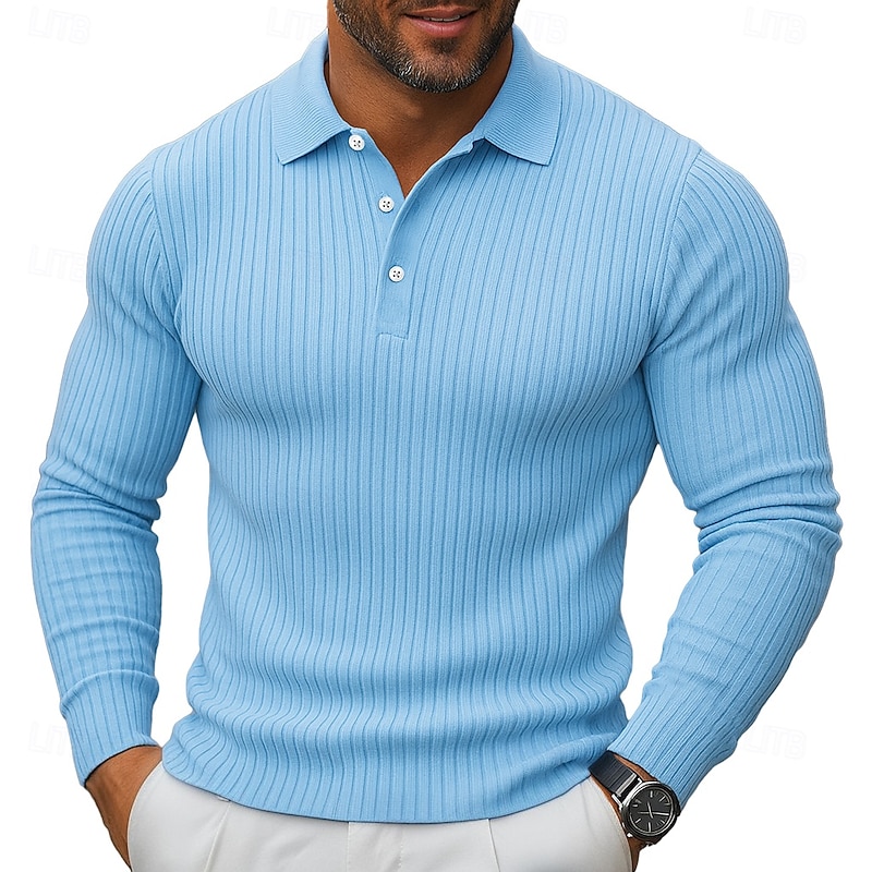 Men's Rib Knit Top Golf Polos Shirts Street Casual Lapel Long Sleeve Basic Modern Plain Buttons Spring Fall All Seasons Slim Fit White Navy Blue Blue Gray Rib Knit Top2