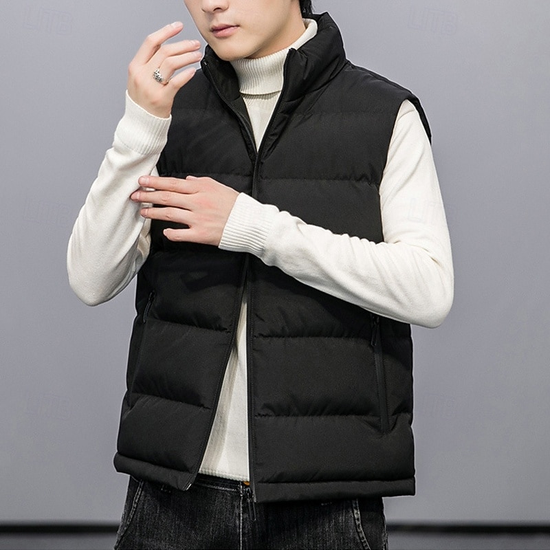 Men's Puffer Vest Vest Gilet Vacation Daily Date Fashion Casual Fall Winter Pocket Polyester Warm Comfortable Solid Color Zipper Stand Collar Regular Fit Black Red Light Grey Dark Blue Vest3